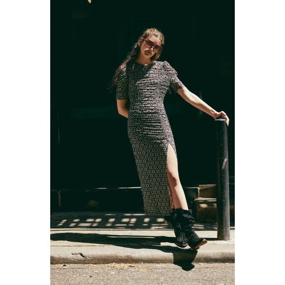 Free People Brielle Midi Dress Mesh Ruched Floral Side Slit Black Combo XS NWT - Picture 3 of 11